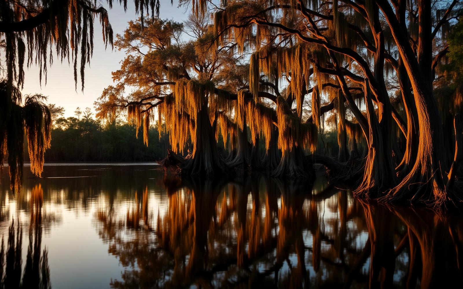 Louisiana cypress bayou at golden hour